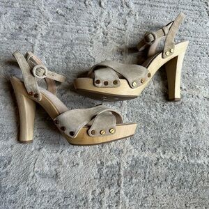 Veronica Beard Lamont Platform Wood Heels Size 9 Tan Suede Leather‎ Ankle
Strap